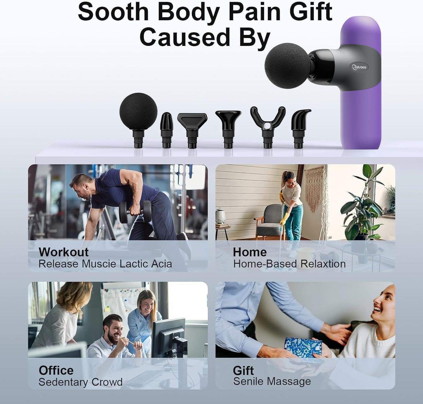 Mini Massage Gun ,Percussion Deep Tissues Muscle Massager, Silicone Material Removable and Washable, Suitable for People with Hyperhidrosis, with 6 Massage Heads 4 Speeds, best gift for her/him-Purple