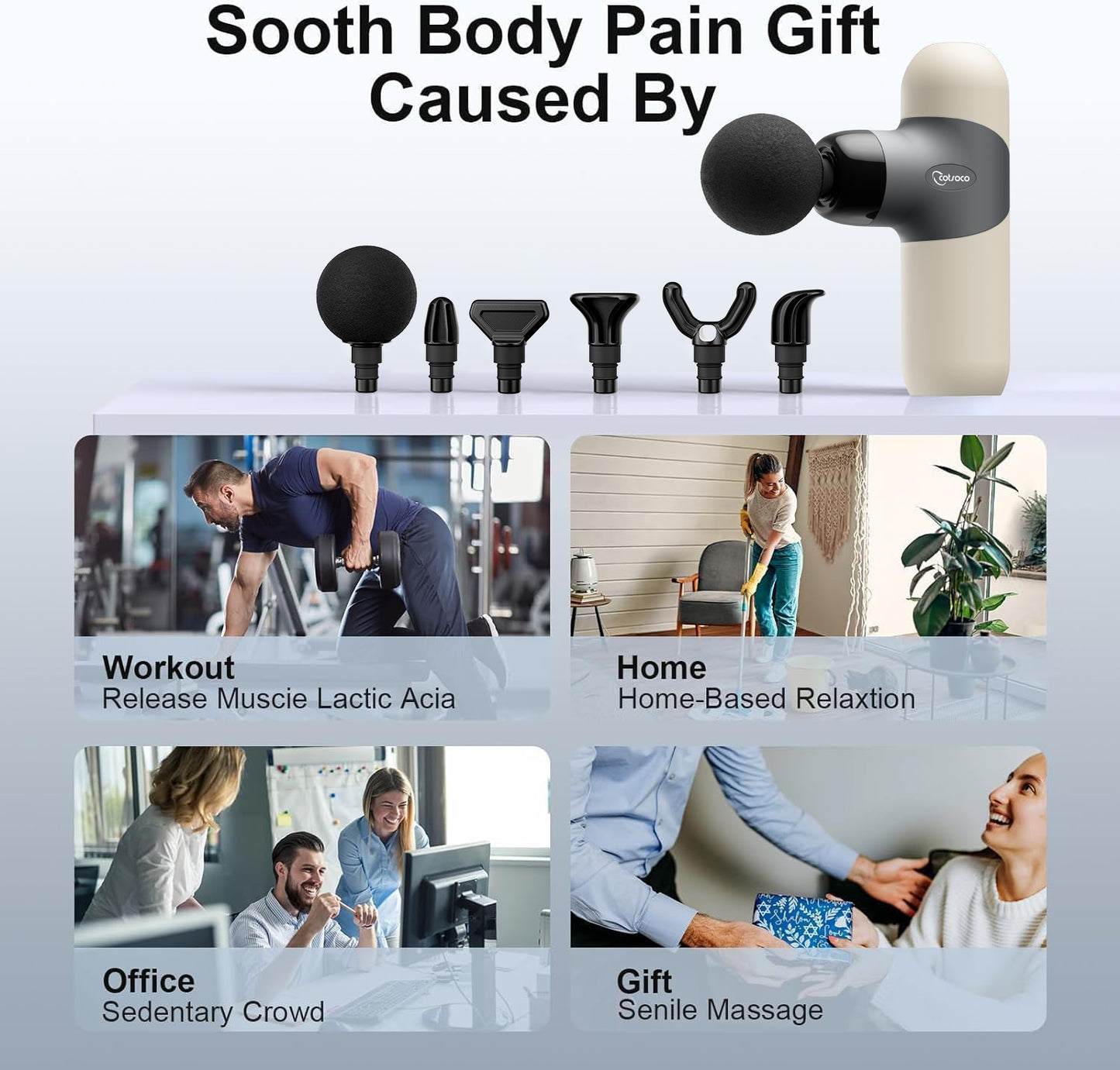 Mini Massage Gun ,Percussion Deep Tissues Muscle Massager, Silicone Material Removable and Washable, Suitable for People with Hyperhidrosis, with 6 Massage Heads 4 Speeds, best gift for her/him-Almond