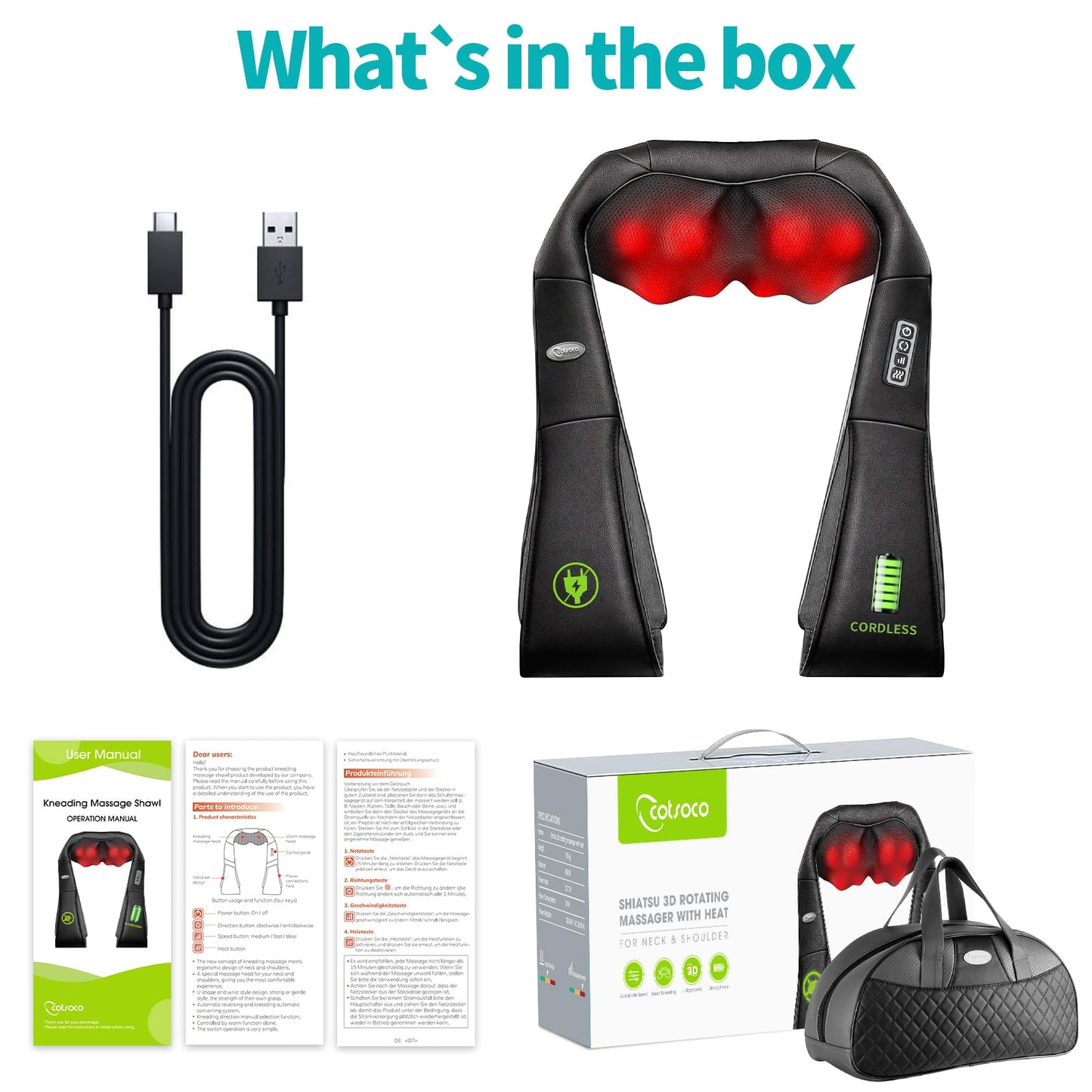 Cordless Shiatsu Neck and Shoulder Massager with Heat,3D Deep Tissue Kneading