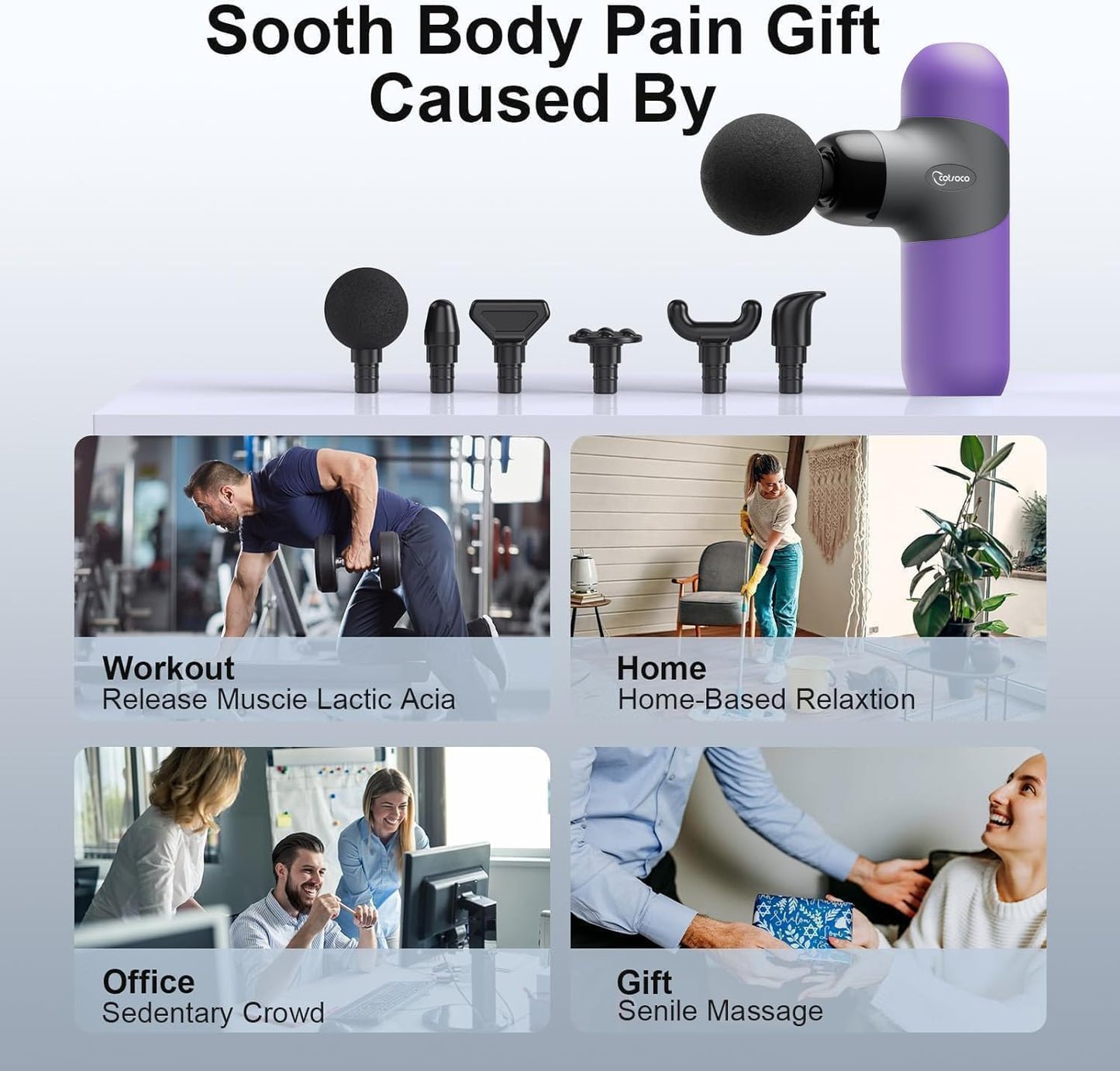 Mini Massage Gun ,Percussion Deep Tissues Muscle Massager, Silicone Material Removable and Washable, Suitable for People with Hyperhidrosis, with 6 Massage Heads 4 Speeds, best gift for her/him-Purple
