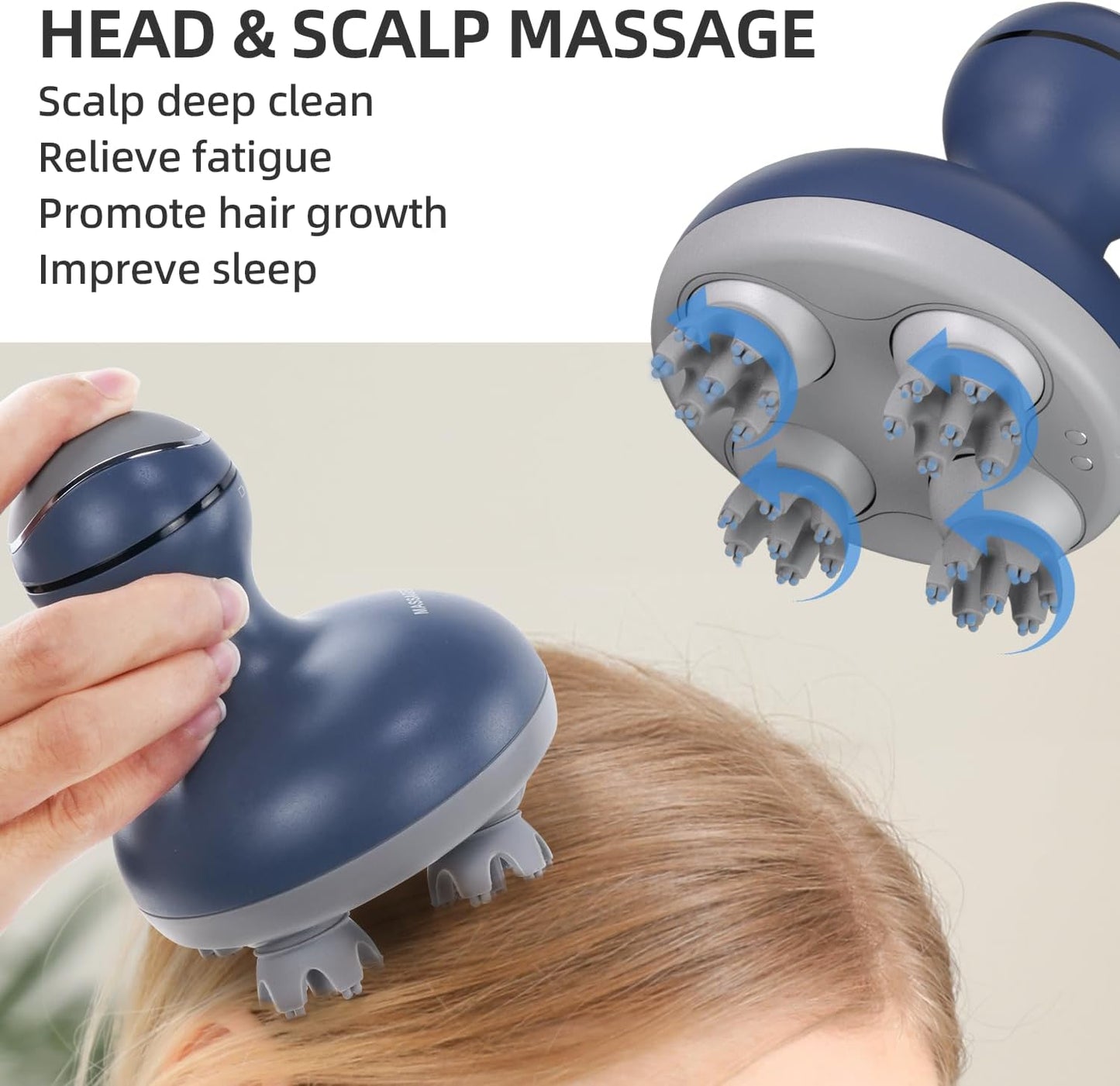 cotsoco Electric Scalp Head Massager, Scalp Hair Massage Waterproof Head Massager with 4 Heads 84 Nodes for Hair Growth and Stress Release Massage Blue