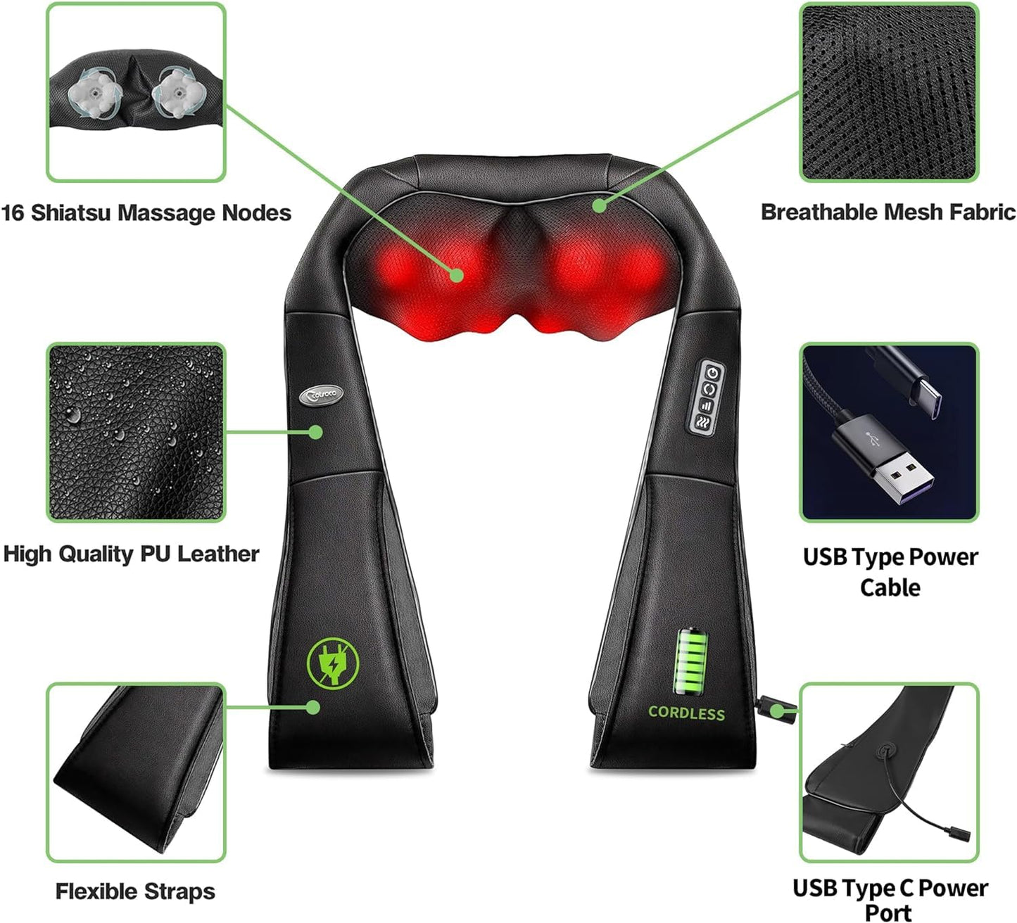 Cordless Shiatsu Neck and Shoulder Massager with Heat,3D Deep Tissue Kneading