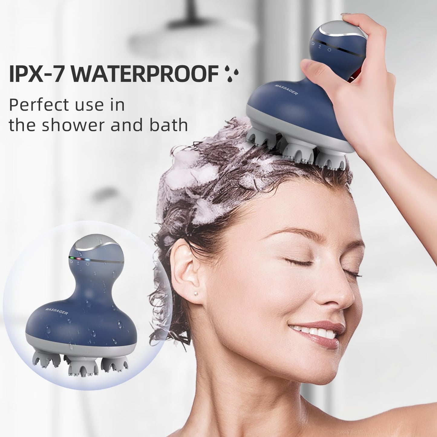 cotsoco Electric Scalp Head Massager, Scalp Hair Massage Waterproof Head Massager with 4 Heads 84 Nodes for Hair Growth and Stress Release Massage Blue