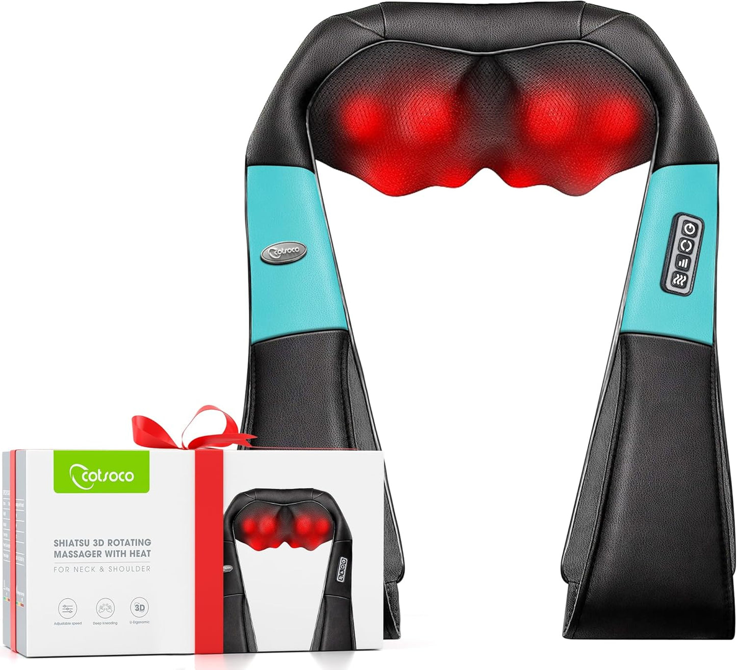 cotsoco Neck Massager, Shiatsu Neck and Back Massager with Heat for Pain Relief, Deep Tissue 3D Kneading Massage Pillow, Relaxation Gifts for Men and Women, Gifts for Dad, Elderly,Wife(Teal)