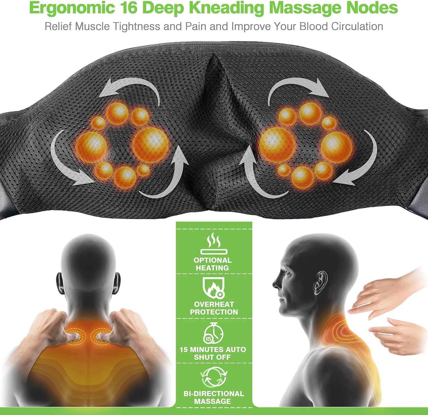 Cordless Shiatsu Neck and Shoulder Massager with Heat,3D Deep Tissue Kneading