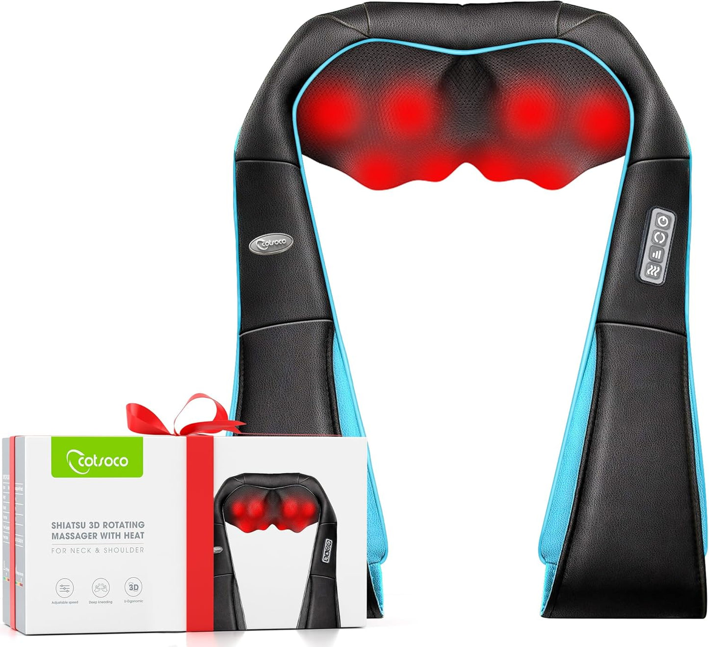 cotsoco Neck Massager, Shiatsu Neck and Back Massager with Heat for Pain Relief, Deep Tissue 3D Kneading Massage Pillow, Relaxation Gifts for Men and Women, Gifts for Dad, Elderly,Wife(Turquoise)