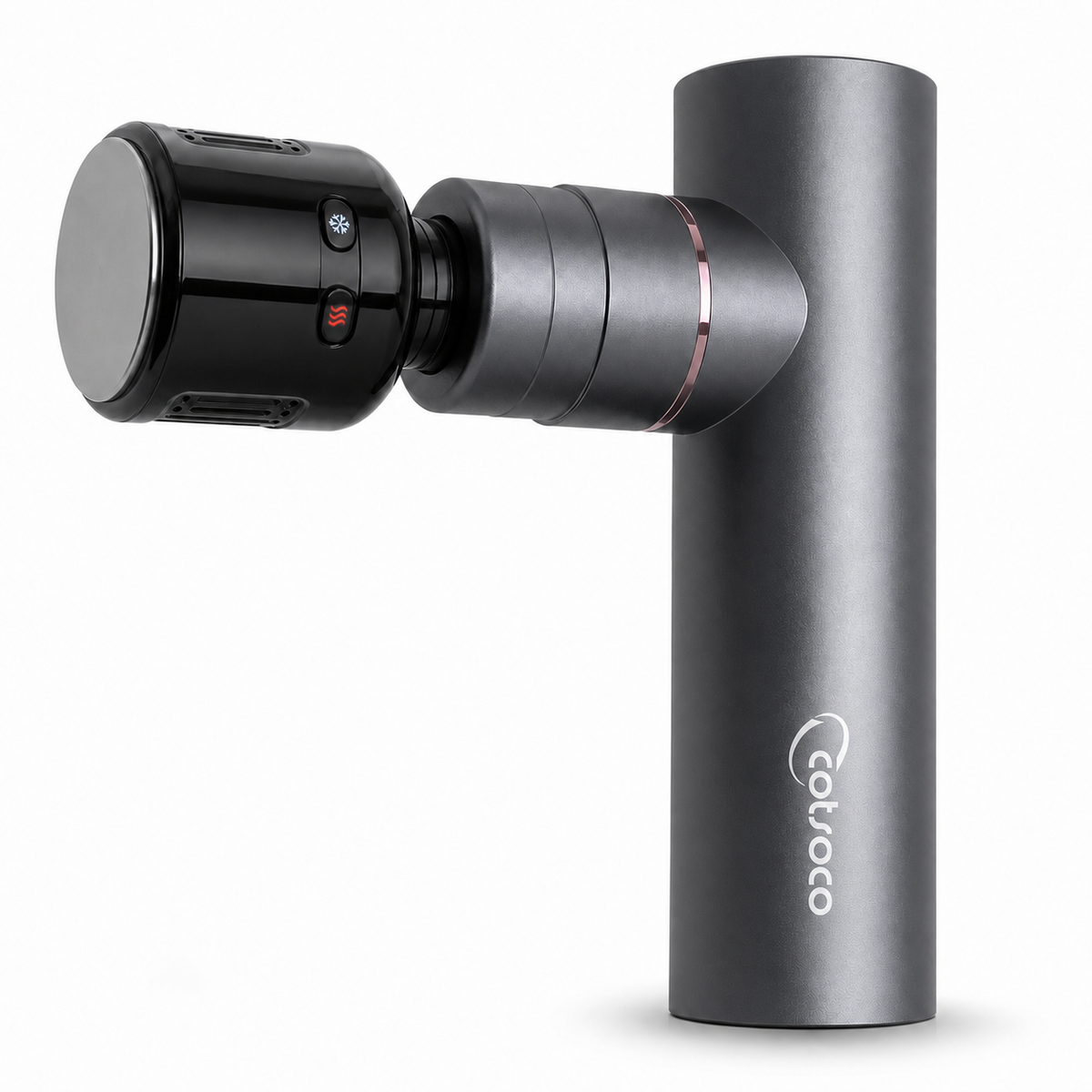 Graphite T-shaped massage gun with a silver contact face and controls on the black head