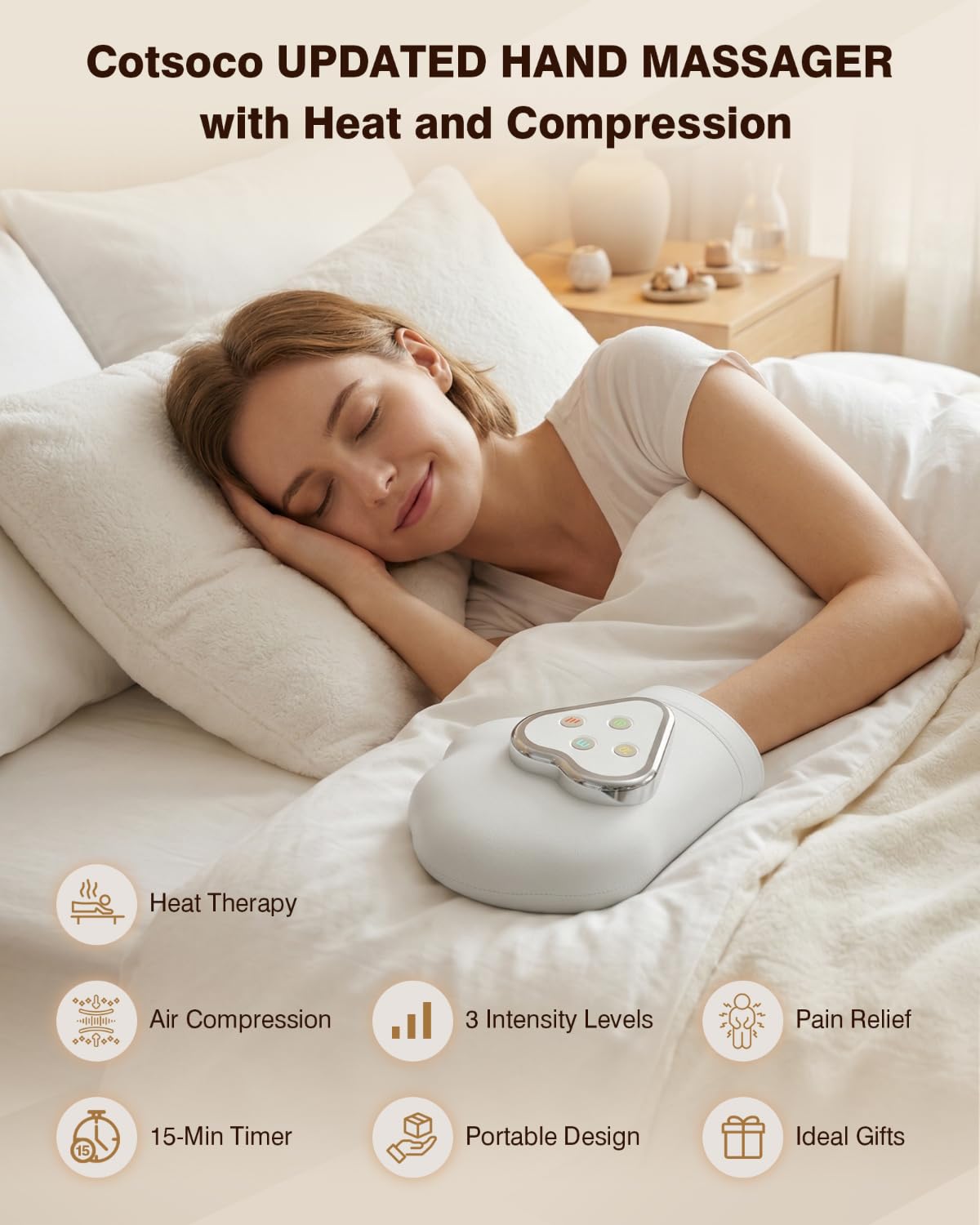 cotsoco Updated Hand Massager with Heat and Compression - Electric Individual Finger Massage for Arthritis, Carpal Tunnel & Pain Relief, Cordless Portable Massager for Wrist & Fingers, Gifts for Mom