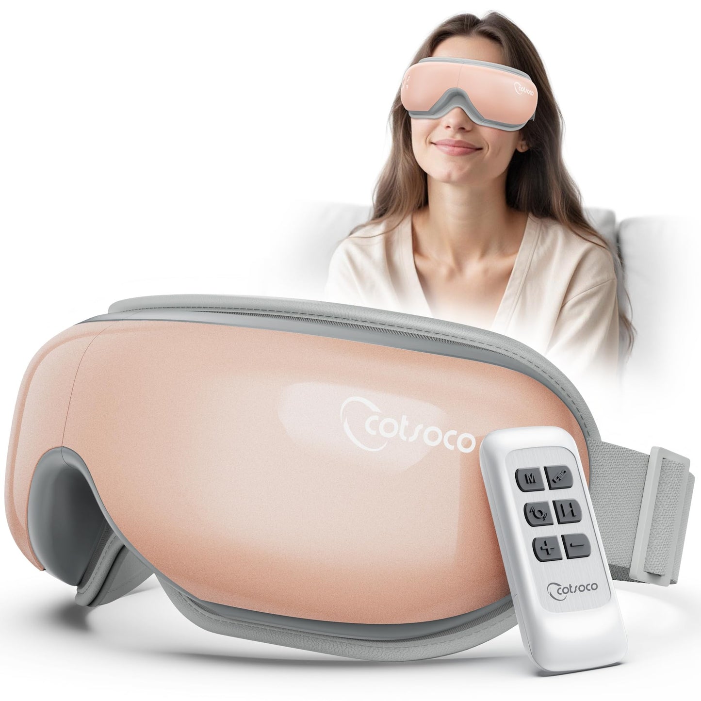 Cotsoco Eye Massager with Heat, Remote, and Compression, Adjustable Foldable Sleep Mask for Relaxing Eyes and Better Sleep, Migraine Relief Device, Birthday Gifts for Women Men Her Him-Pink