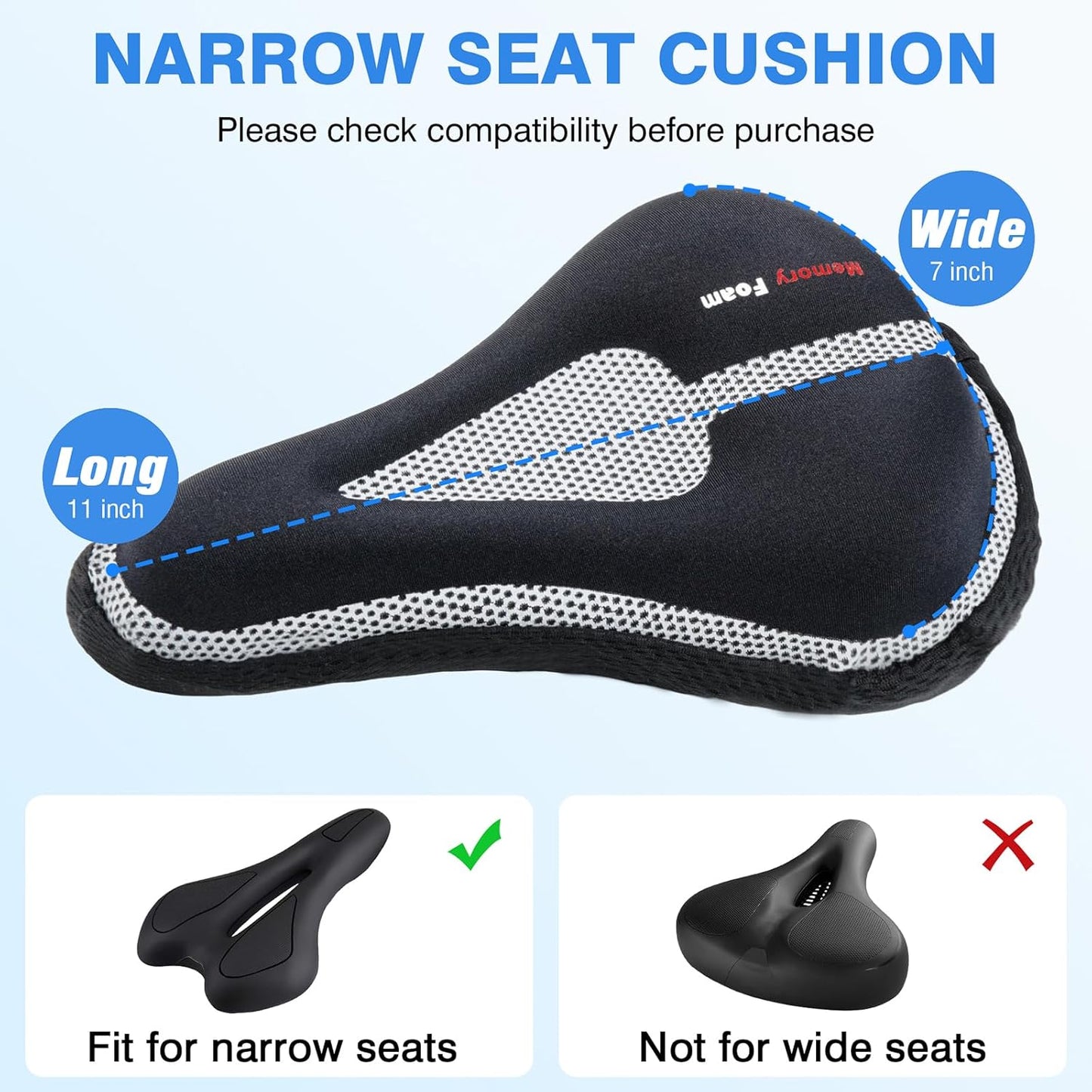 cotsoco Bike Seat Cushion, Memory Foam & Gel Bike Seat Cushion Cover for Men Women, Comfortable Bicycle Seat Cover Saddle fit with Exercise/Mountain Road Cycling Bike, Outdoor & Indoor, black