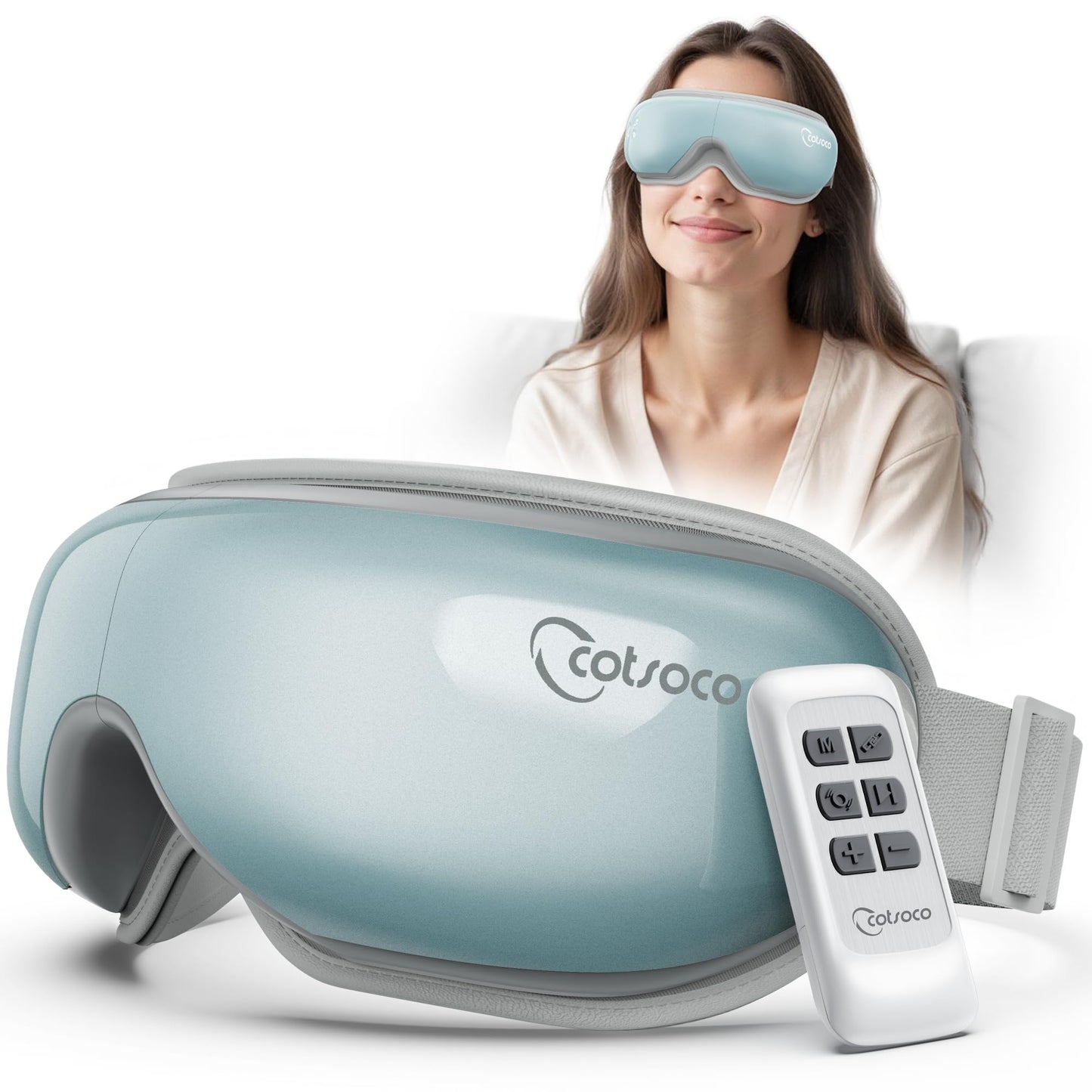 Cotsoco Eye Massager with Heat, Remote, and Compression, Adjustable Foldable Sleep Mask for Relaxing Eyes and Better Sleep, Migraine Relief Device, Birthday Gifts for Women Men Her Him-Blue