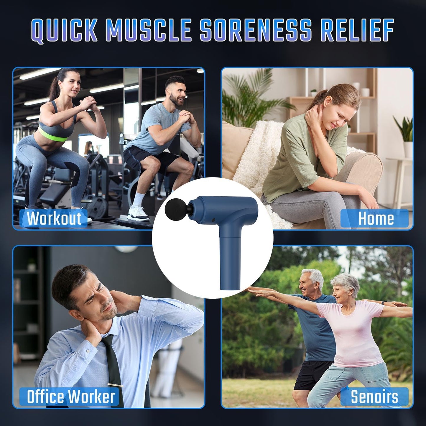 Massage Gun Deep Tissue, Back Massage for Athletes for Pain Relief, Percussion Massager Device with Silent Brushless Motor, Relax Gift for Mothers Day and Fathers Gifts (Dark Blue)