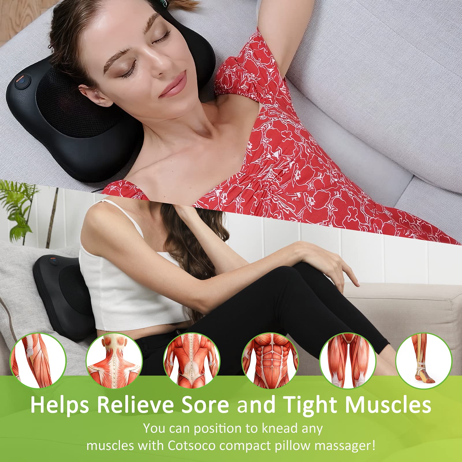 Cotsoco Shiatsu Back Neck and Shoulder Massager with Heat,Deep Tissue 4D  Kneading Pillow
